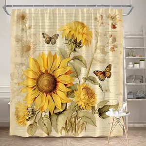 1Pc Sunflower Shower Curtain Vintage Floral Design with Butterflies Polyester Fabric Bathroom Decor Bath Curtain Partition 70.8x70.8 Inch Includes 12 Hooks for Unique Bathroom Accents