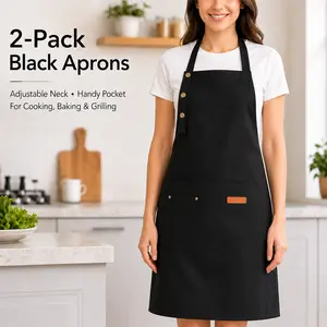 Upgrade Your Kitchen with a 2-Pack of Black Aprons. Features adjustable neck ties, a handy pocket, and a comfortable fit for cooking, baking, or grilling.
