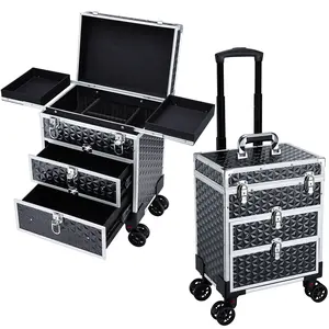 Professional Rolling Makeup Case Large Trolley Box with Drawer Compartments Cosmetology Suitcase for Hairstylist Artist Nail Beauty Salon Barber