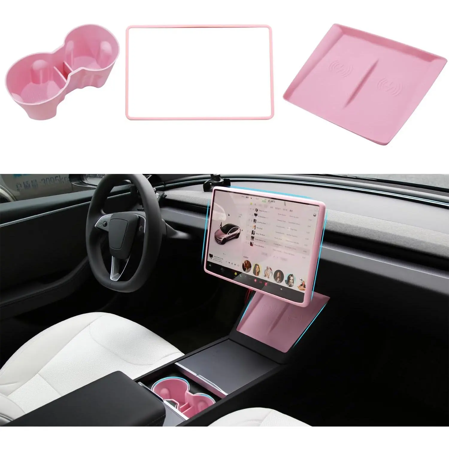 Customized Center Console Accessories for Tesla New Model 3/Y (Highland 2024, Juniper 2025-2026) - Durable Silicone Cup Holder Insert, Screen Edge Protector Frame, Wireless Charging Mat for Driving, No Smell, Eco-Friendly, High-Low Temperature Resistance,