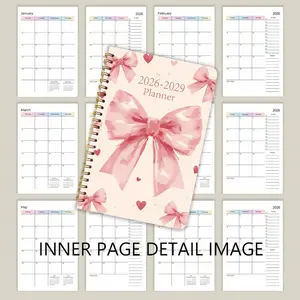 This spiral-bound notebook is specially designed for planning from 2026 to 2029, with a pink bow on the cover. It includes to-do lists, monthly calendar layouts, school supplies, a diary, stationery, and colorful pages. The size is 13.97 X 21.08 cm.