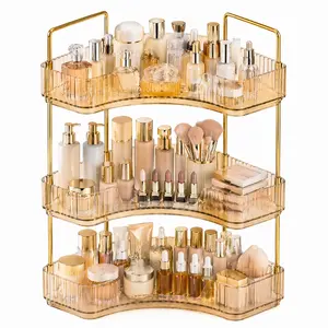 3-Tier Modern ABS Waterproof Bathroom Corner Counter Organizer with Suction Cup Air Pressure, Multi-Trays Easy-Install Storage for Makeup & Home Supplies, Plastic & Stainless Steel Bathroom Accessories Set for Shower