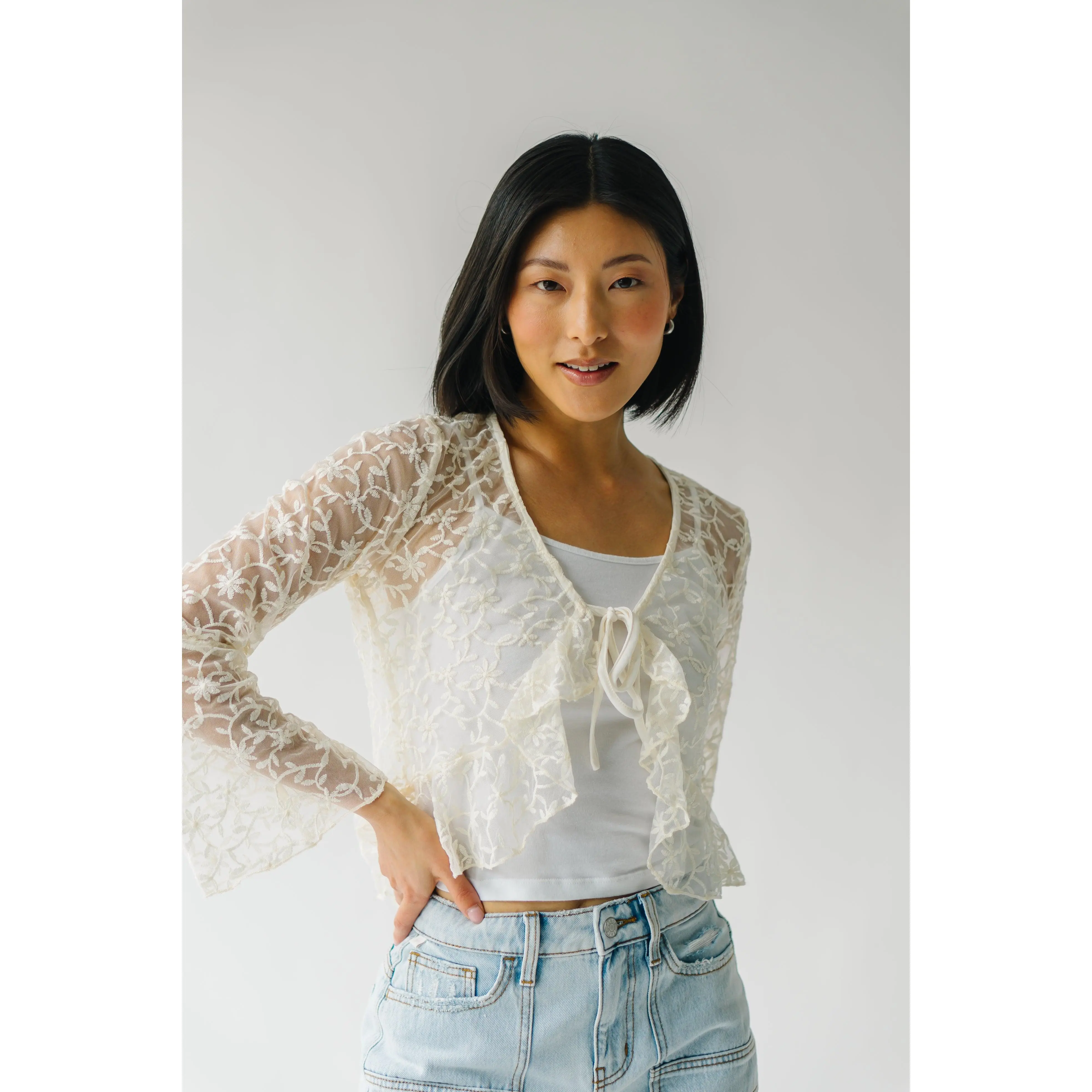 The Kendra Ruffle Front Cardigan in Ivory