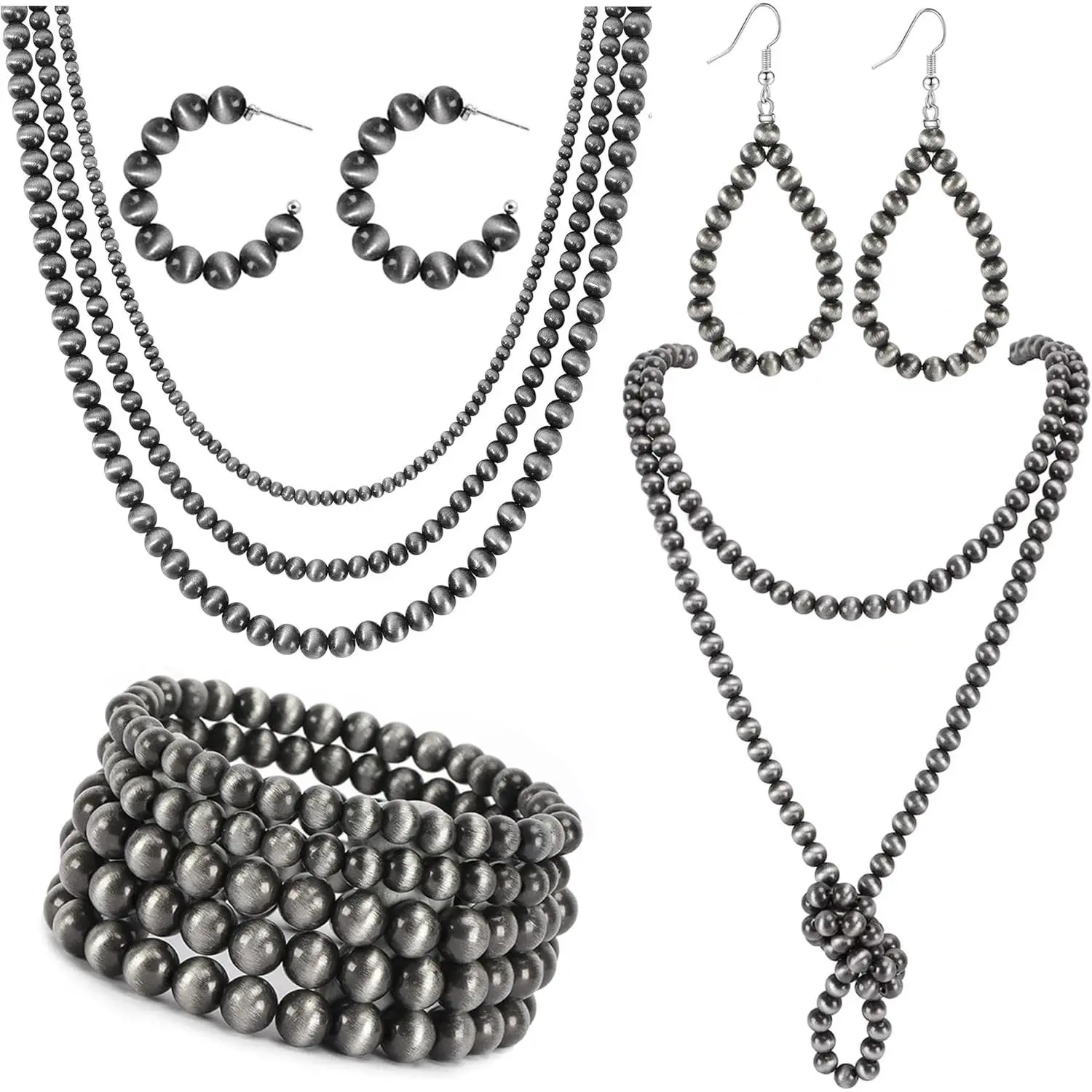 Women's Matching Trendy Boheme Western Jewelry Set - Multi-Layer Vintage Navajo Choker Necklace, Adjustable Faux Beads Bracelet, Dangle Hoops Earrings, Female Cowgirl Costume Fashion Accessory, Matching Jewelry Set