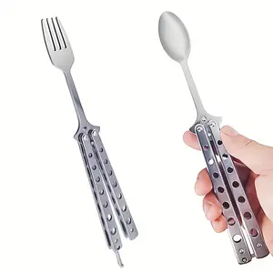 2count Butterfly Folding Cutlery Set - Portable Stainless Steel Spoon & Fork - Ideal for Travel, Camping, Picnics