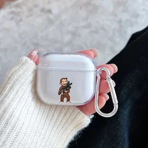 Monkey with Firearm Pattern Protective Case for AirPods 4/3/2/1/Pro/Pro2 Soft TPU Earphone Cover, Transparent with Keychain