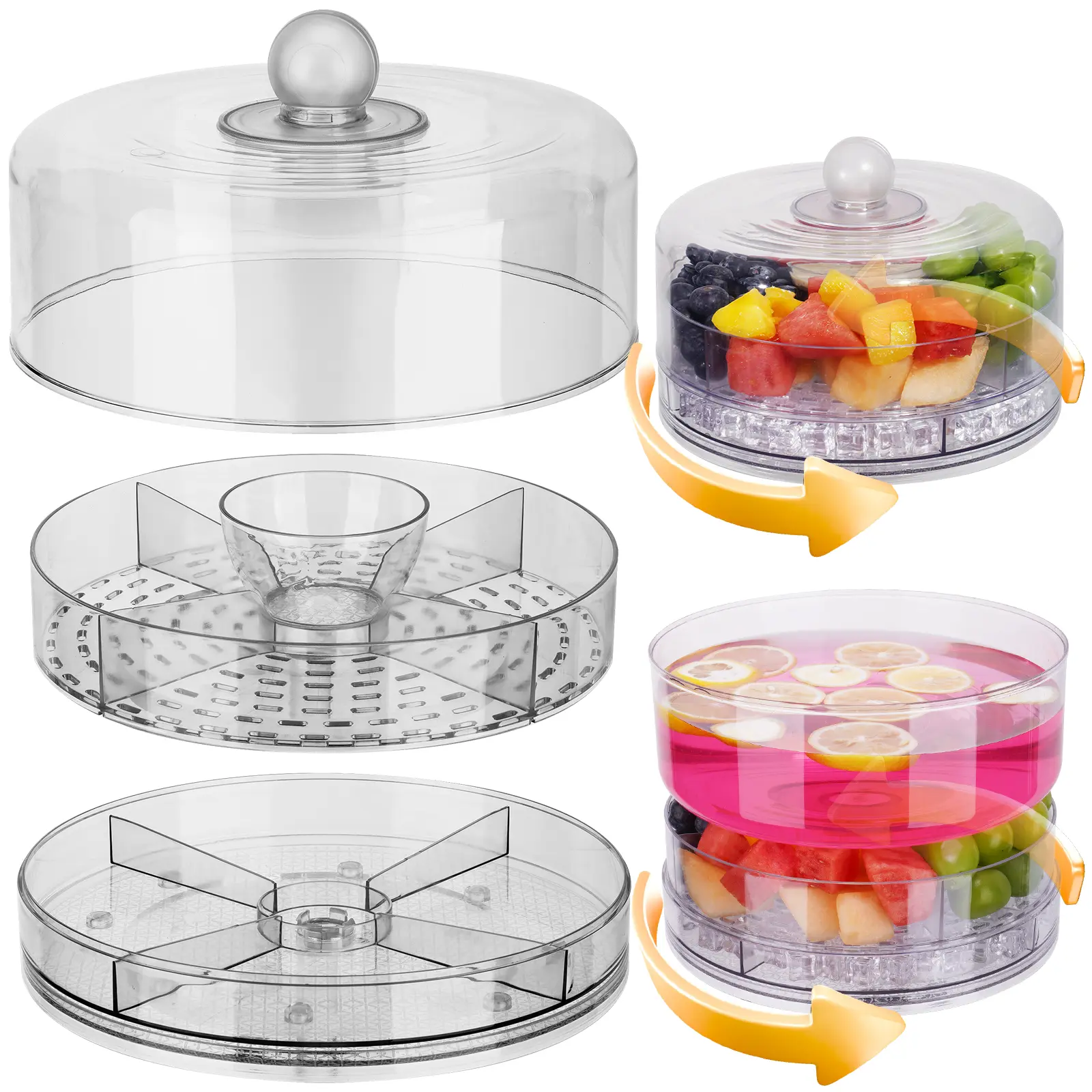 NiHome Rotating Compartmentalized Snack Container with Lid - Lightweight Reusable BPA-Free Plastic Kitchen Serving Tray for Nuts,Fruits,Candy,Crackers - Portable Organizer for 2-4 People,Parties