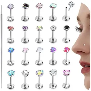 20Pcs Hypoallergenic 316L Surgical Steel Nose Studs for Women and Men Ideal for Body Piercing Silver 18G or 20G L-shape or Flat Back Threadless Nose Ring with Taper Insertion Pin