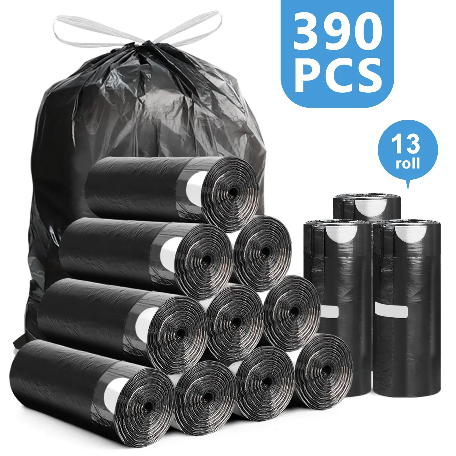 4 Gal Drawstring Trash Bags, 390-Count Value Pack, Unscented Tear-Resistant Leak-Proof Bin Liners for Bathroom, Wardrobe, Study, Balcony Use, 17.5lb Capacity Household Waste Bags