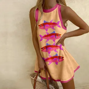 Holiday Fish Print Sleeveless Mini Dress, Pop Style Prints, Cute and Playful Dress, Summer Comfortable Women's Clothing #SpringStatements