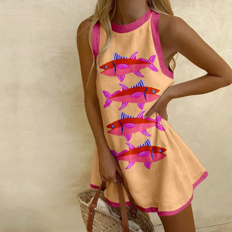 Women's Sleeveless Loose-Fit All Over Cartoon Marine Print Casual Mini Dress - Bold Vertical Pattern, Cute Sweet, Above Knee, Fish Print, Sea Turtle Motif, Tropical Beach, Creative, Size M, Fish Print Casual Dresses, Sea Turtle Motif Casual Dresses