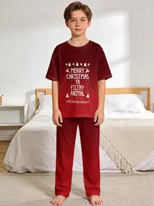 Wine-red gradient Christmas fun pajama set with digital printed short-sleeve top and extended sleep pants, made of flame-retardant fabric. Stylish, trendy, casual, comfortable and soft pajama set, suitable for sleeping and home leisure. 100% polyester, id