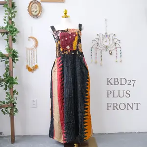 One of a Kind Kantha Bib Dress, Upcycled Cotton Boho Plus Size Vintage Dress, Long Midi Dress with Pockets, Earthy Colors, Bohemian Long Dress