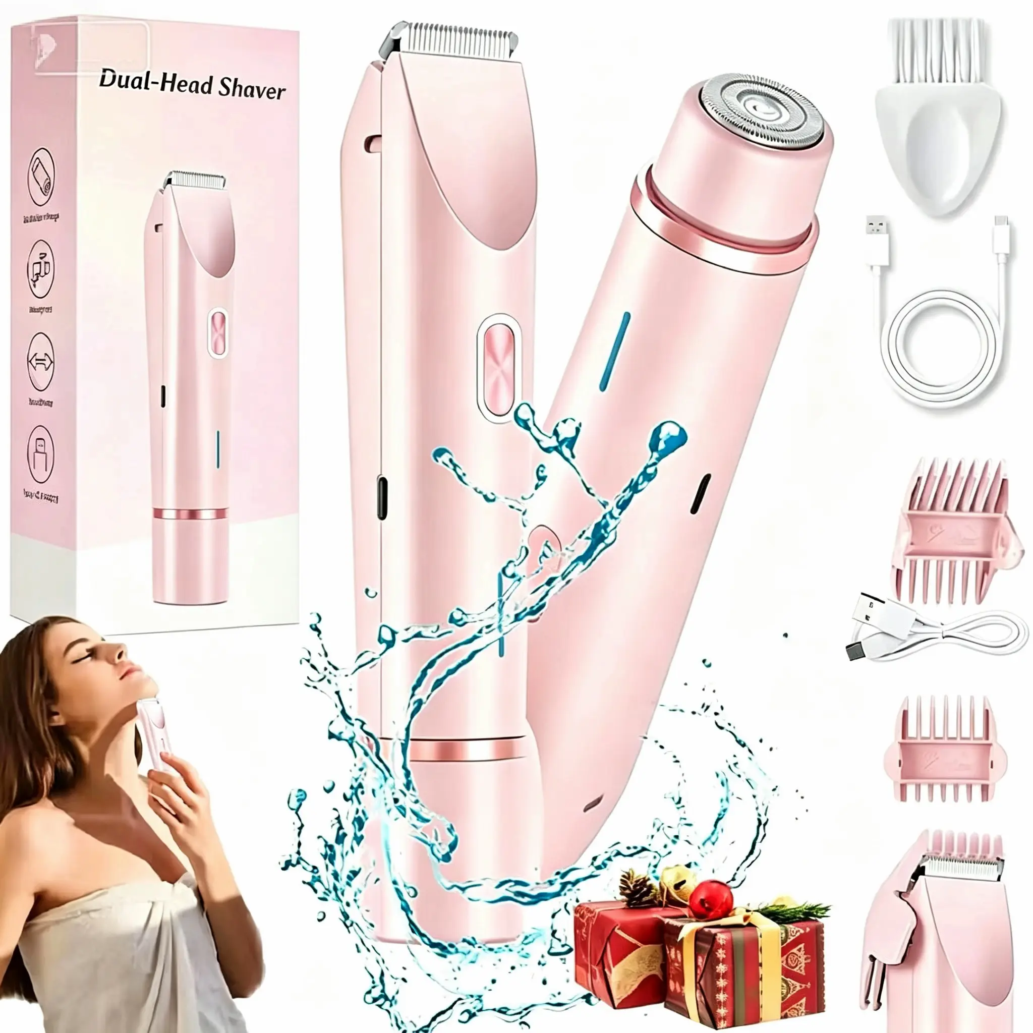 Women's Cordless 2-in-1 Electric Shaver for Women & Trimmer - Dual-Head Titanium-Ceramic Blades, 10000RPM Silent Motor, IPX7 Waterproof, Removable Steel Part, Portable Self Care Products Gift Set with Handbag for Adults (Womens Gifts)