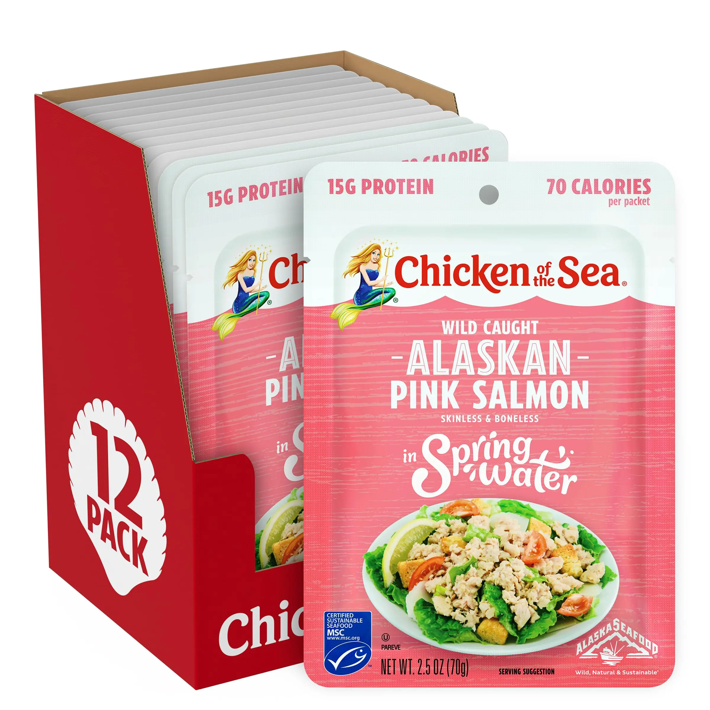 Wild Caught Alaskan Pink Salmon in Spring Water, 12 Ready to Eat Pouches, Skinless Boneless High Protein Seafood, 2.5 oz