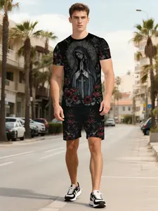 Men's 3D Digital Print Two-Piece Suit, Retro Trendy for Vacation Style, Breathable Casual Fashion Set, Perfect Holiday Gift for Him