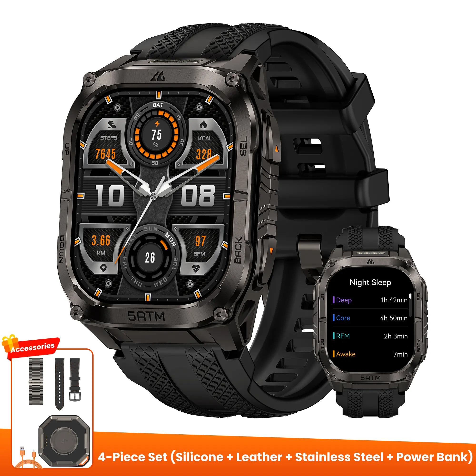 Black+ Stainless Steel+ Leather Strap+Power Bank