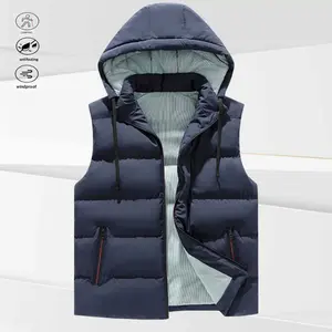 A men's hooded vest, featuring a simple and versatile style, classic black color that pairs well with everything, and a practical hood design. The pocket red line decoration adds details to the overall design, providing rich choices for those who seek sty