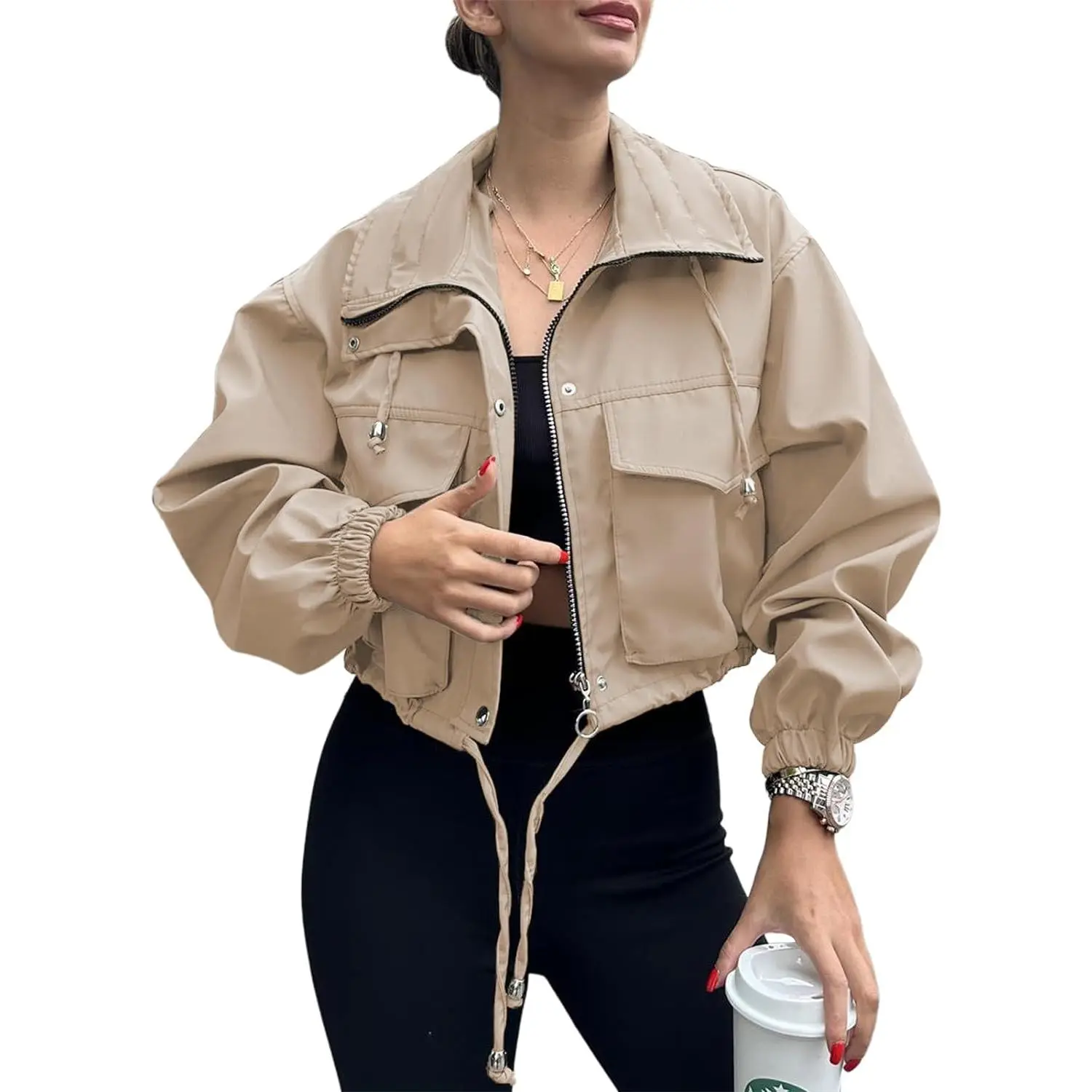 Womens Cropped Jacket Zip Up Lightweight Oversized Utility Anorak Coat with Pocket Womenswear Tops