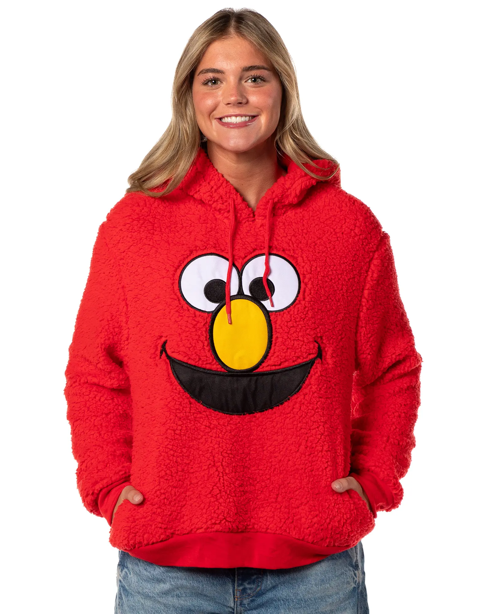 Sesame Street Women's Elmo Embroidered Patch Big Face Plush Fleece Long Sleeve Adult Costume Pullover Hoodie, Hooded, Vibrant Stitching