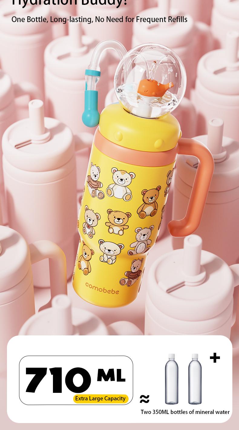 【COMOBEBE】24oz Stainless Steel Whale Fountain Tumbler with Handle – Two Lids, Spill-Proof, Dishwasher Safe, Cute & Perfect for Teens, and Adults Water Bottles Sturdy Drinkware Flasks