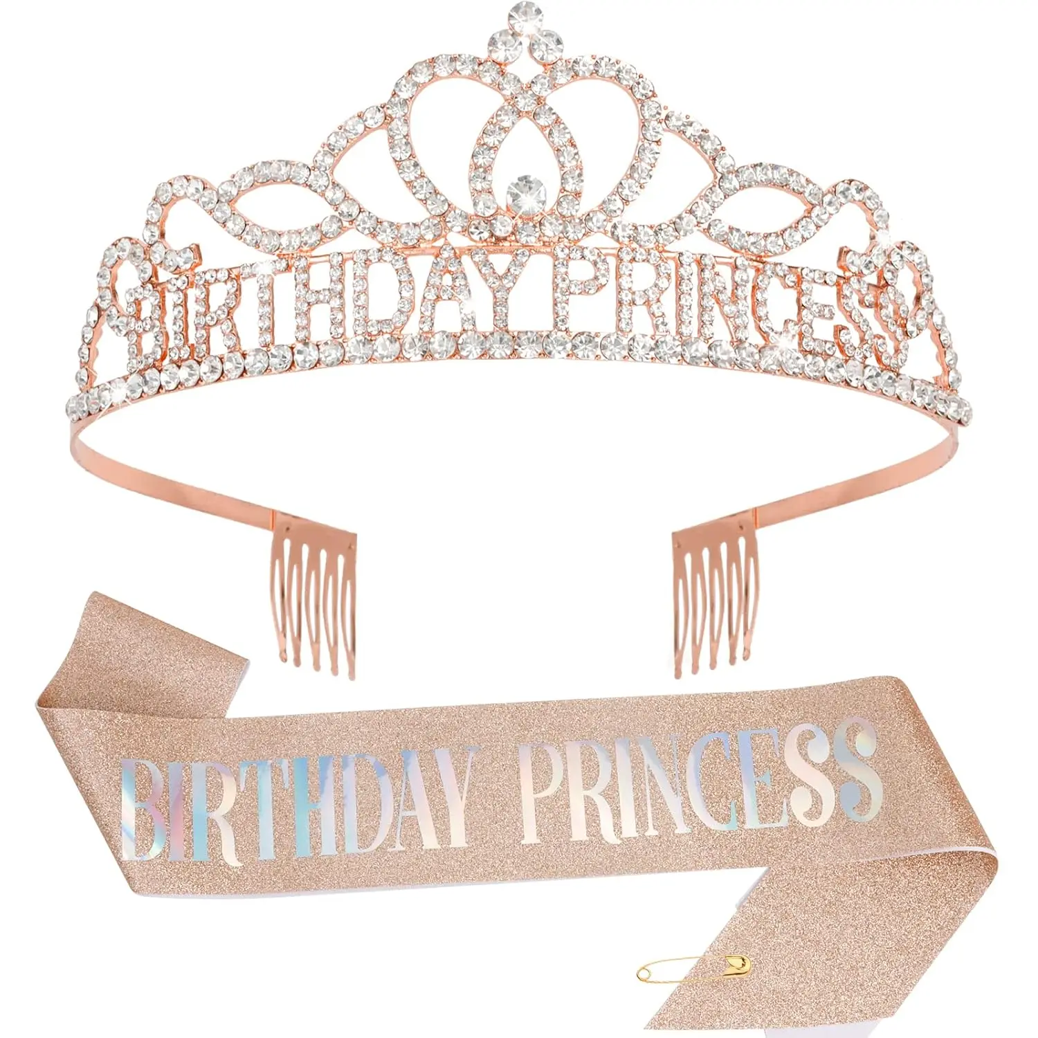 Rose Gold Rhinestone Princess Tiara Crown and Glitter Birthday Sash Set for Girls, Adjustable Fit for Themed Birthday Parties, Princess Theme, Soft Fabric, Graphic, No Fade, Rhinestones, Glitter Sash, Other, Anti-Rust Metal, Comb Secure, Alloy, 7 - 8 Year