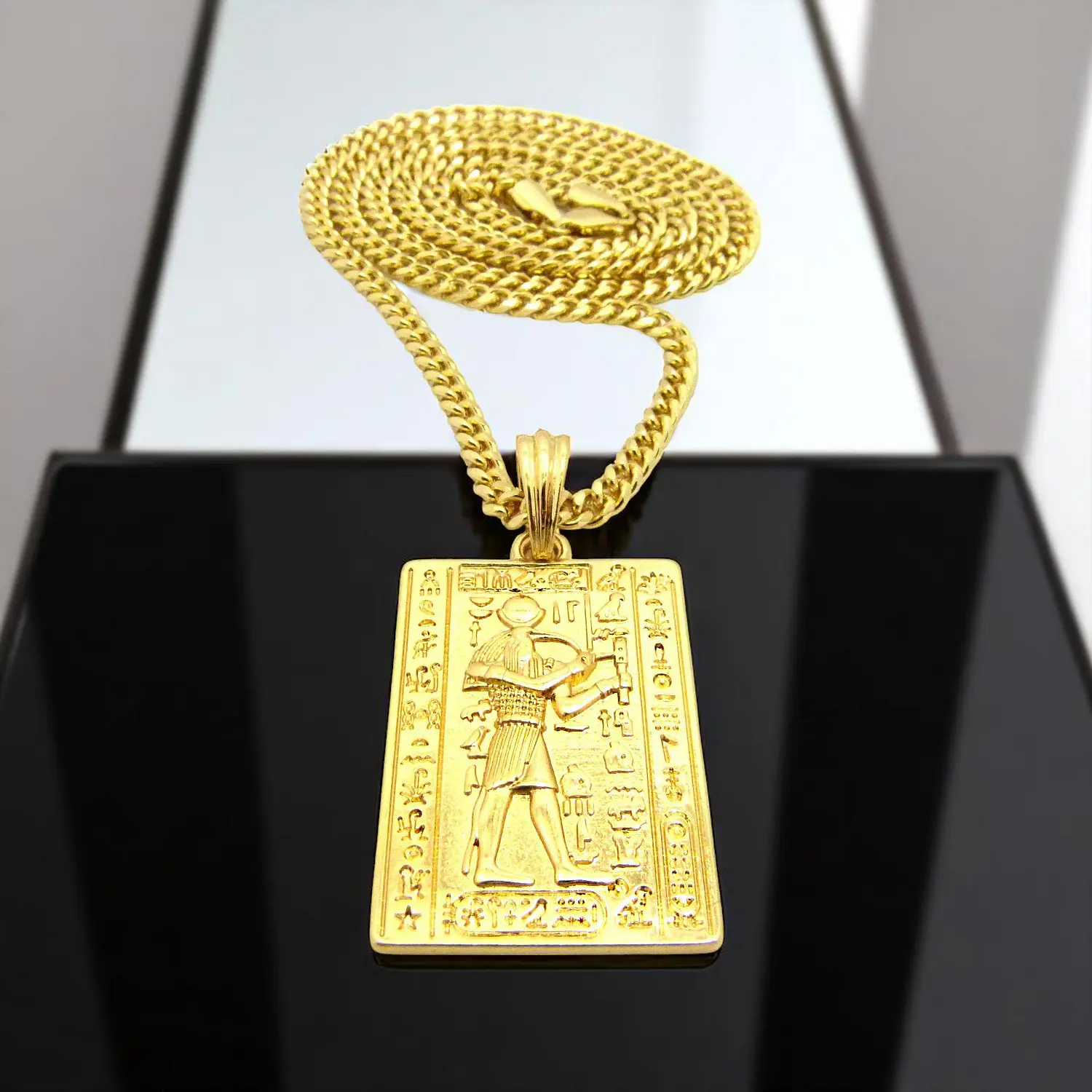 MaxBling81 Gold Plated Ancient Egyptian Thoth Hieroglyphic Alphabet Pendant - 4mm Chain Link Necklace, Multi-Size (18in,20in,24in), Daily Wear, Gift Option, Daily Wear Necklace, Gift Necklace