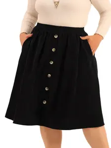Agnes Orinda Plus Size Corduroy Elastic High Waist Button Front A-Line Midi Skirt with Pockets