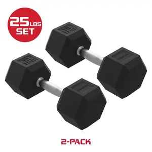 FitRx 25lbs Rubber Hex Dumbbell Set – Solid Steel Handles, Durable Rubber Coating, Anti-Roll Weights for Fitness, Pair