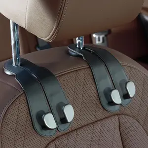 2Pcs Black Car Seat Back Hooks | Leather & Alloy Sturdy Storage Hook for Purses Handbags Bags Universal Car Organizer