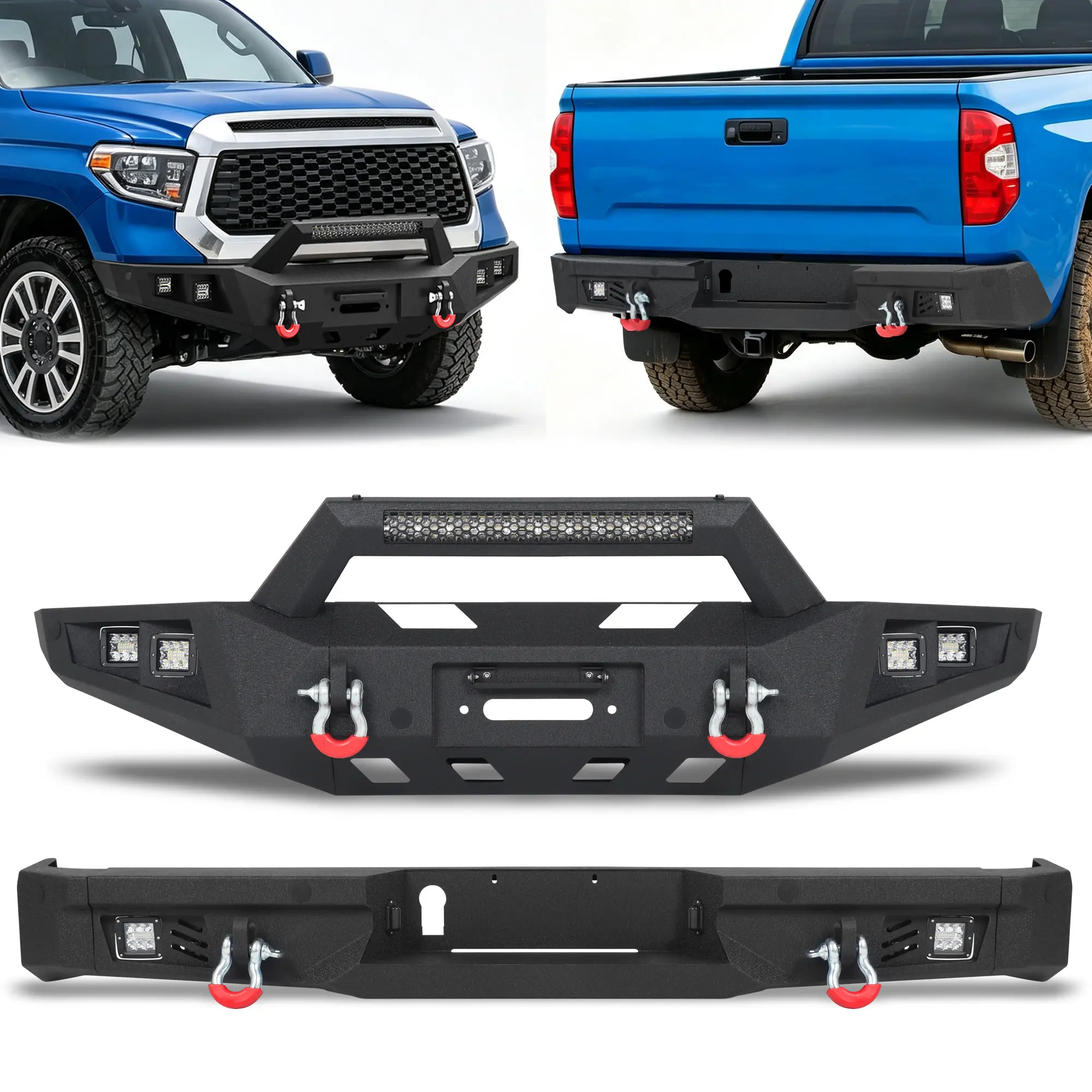 MONOKING Front and Rear Bumper Set for 2014-2021 Toyota Tundra, 11-Gauge Steel Off-Road Bumper Combo with 144W Light Bar, 8 x 18W LED Pods, Winch Plate, D-Rings and Steps