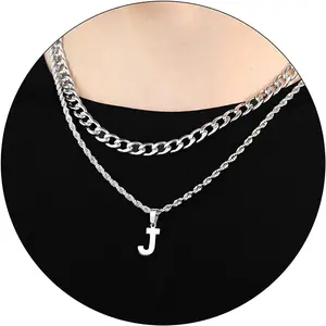 Layered Initial A-Z Letter Necklace for Men Stainless Steel Figaro Twist Rope Chain18-20 inch Personalized Letter Charm Pendant Jewelry Gift for Women
