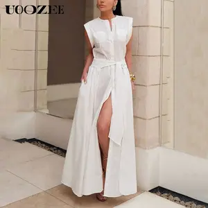 UOOZEE Women's Cap Sleeve Loose Buttoned Solid Color Split-Side Tied Waist Maxi Dresses Shirt Dress Summer White Casual dress summer outfits