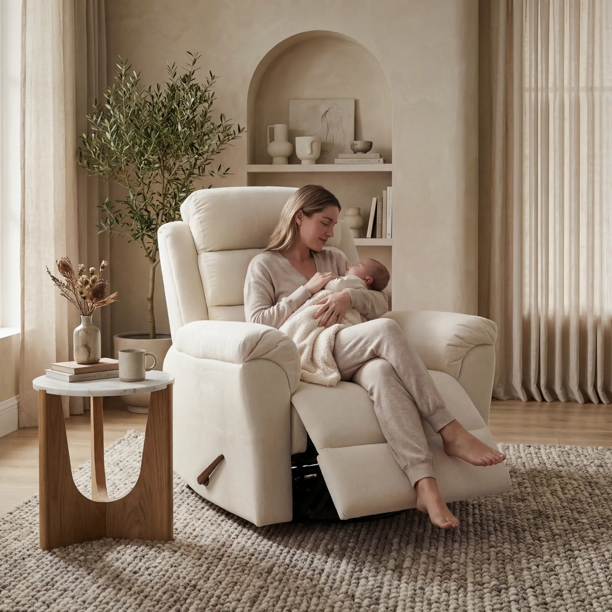 FLEXISPOT Souffle Swivel Rocker Recliner Chair for Adults, Nursery Rocking Glider Chair with Massage & Heat, FSC Wood Frame, Manual Recliner for Living Room, Nursery & Relaxation,Cream