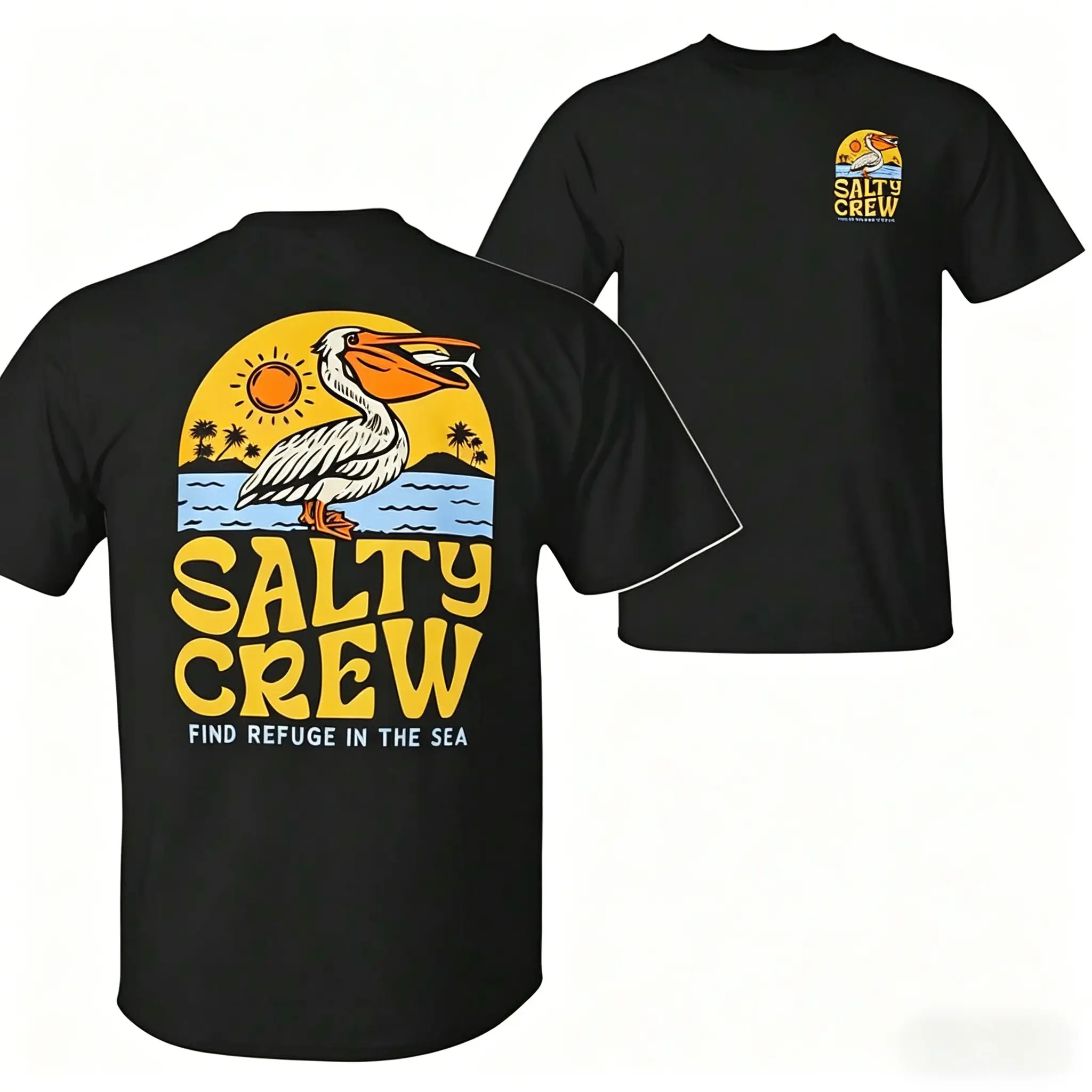 Men's Salty Crew Sunset Pelican Cotton Short-Sleeve T-Shirt - Vintage Beach Pelican Graphic, Coastal Waves Tropical Print, Soft Breathable Stretch Menswear, Casual Streetwear for Surfers, Outdoor Workout Use, Shortsleeve, Round Neck, Top