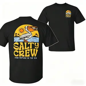 Salty Crew Sunset Pelican Men’s Cotton T-Shirt, Vintage Beach Pelican Graphic Tee, Coastal Waves Tropical Print, Soft Breathable Casual Streetwear for Surfers Ocean Lovers