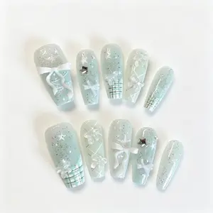 10 Pieces Acrylic Press on Nails, Coffin Shape Fake Nails, Mint Stars Bow, Nail Kit for Weddings, Parties, Holidays