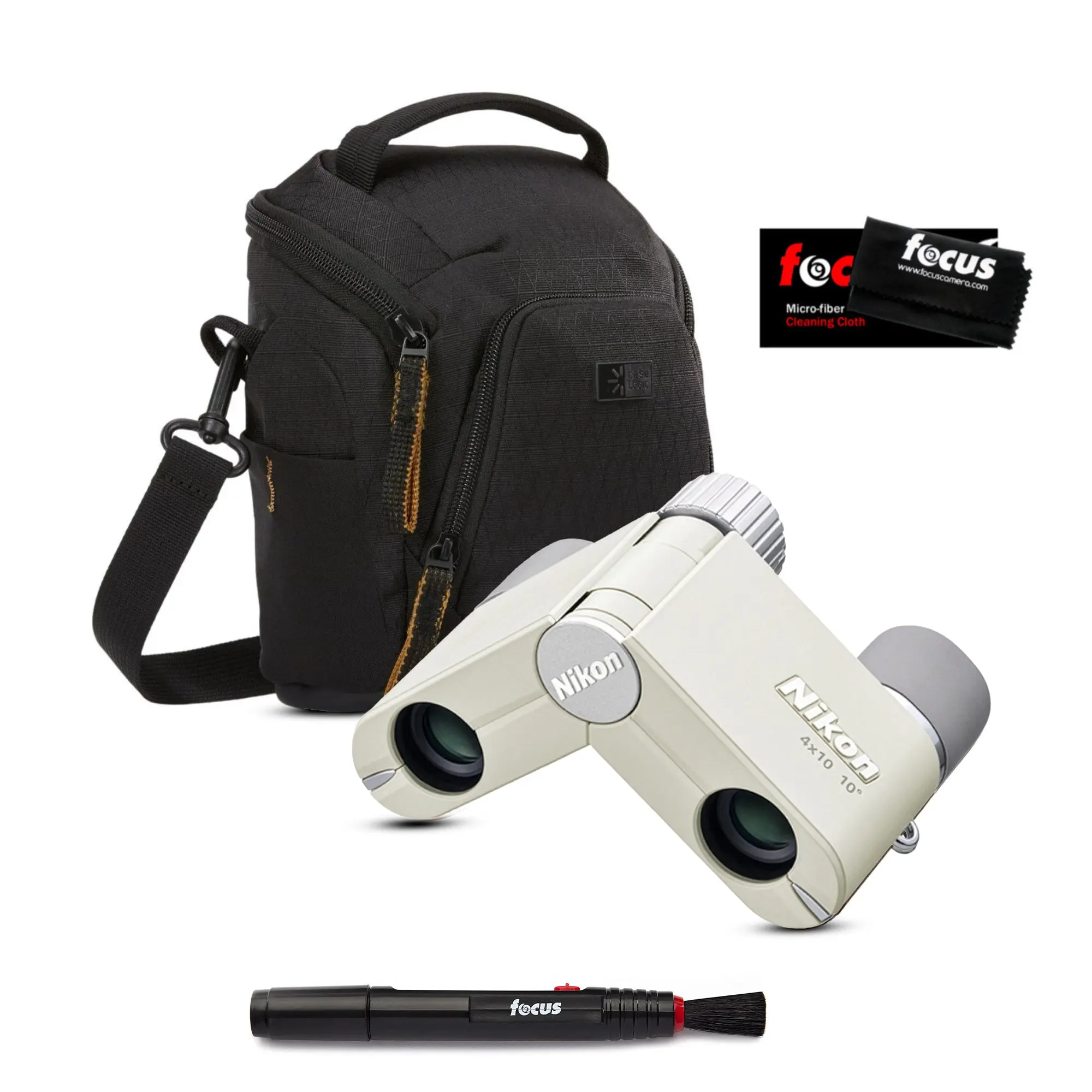 Nikon 4x10D CF 4x Pocket Binocular (Ivory White) with Bag and Accessories Bundle