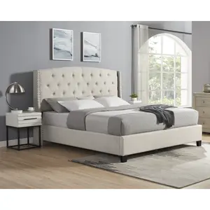 Bellemave Astral 3-Piece Upholstered Bedroom Set, Tufted Wingback Bed with Two White Nightstands