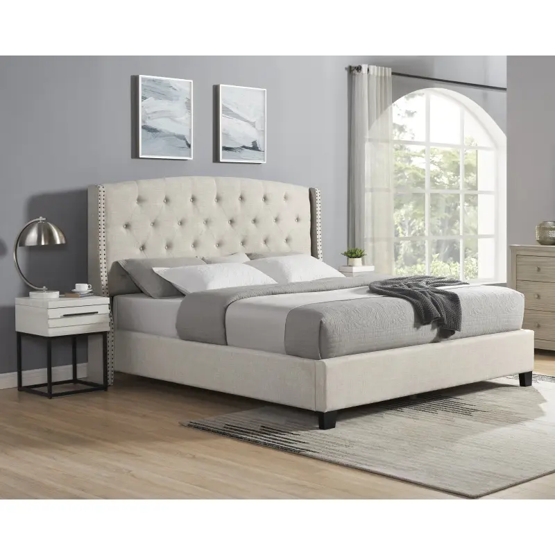 Bellemave Astral 3-Piece Upholstered Bedroom Set, Tufted Wingback Bed with Two White Nightstands