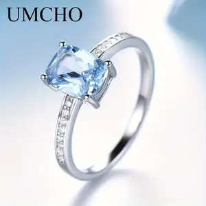 UMCHO Genuine 925 Sterling Silver Rings For Women Sky Blue Topaz Gemstone Solitaire Ring Wedding Romantic Engagement Jewelry New