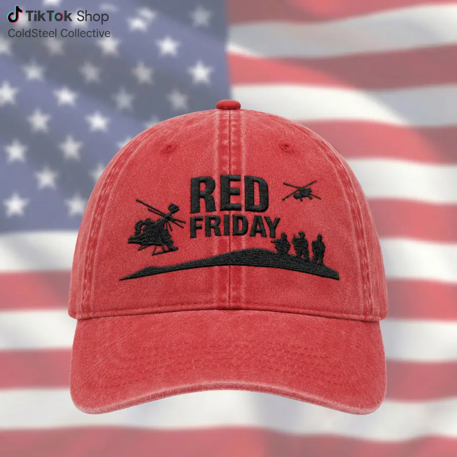 Red Friday Casual Dad Hat, Vintage Washed Cotton with American Patriotic Graphic Embroidery, Adjustable Military Support Gift, Casual Hats, American Patriotic Graphic Hats