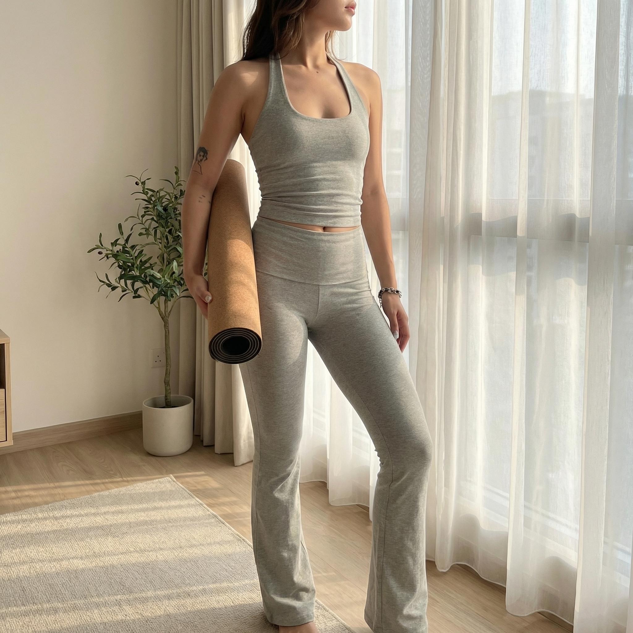 Women’s Light Gray Halter Crop Top & Flare Pants Set 2 Piece Lounge Outfit Sleeveless Backless Fitted Tank with High Waist Flared Leg Pants Soft Stretchy Matching Set for Casual Daily Wear Travel Airport Weekend and Going Out - Fabric, Womenswear