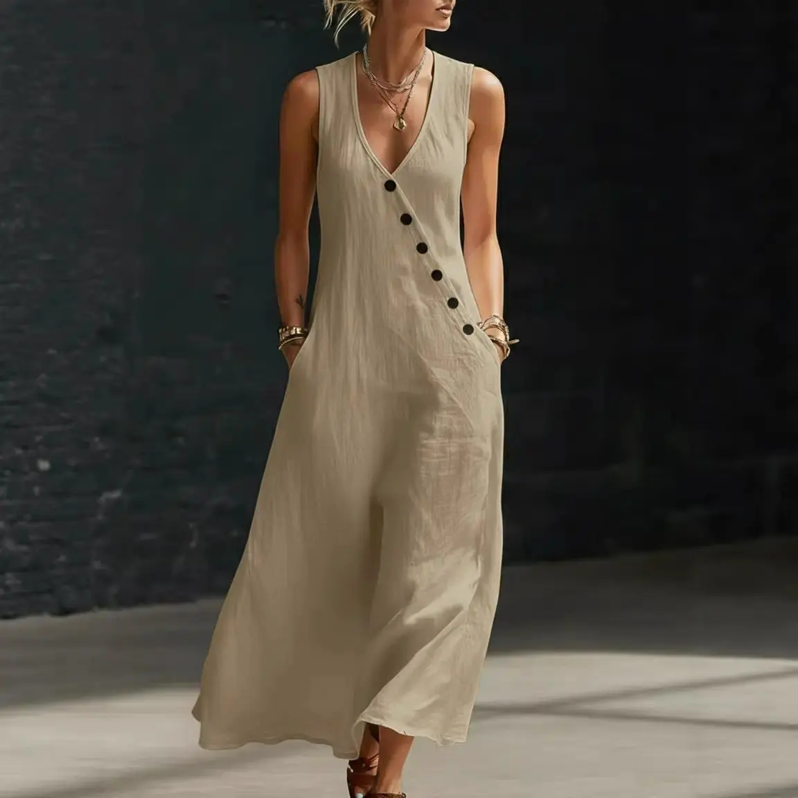 adrianna papell beaded tiered dress Denim Blue Linen Maxi Dress – Boho Style with Pockets main image 0