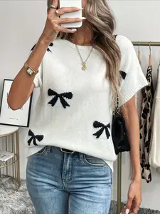 Women's Fashionable Short Sleeve Knit Top, Round Neck Butterfly Knot Design, Everyday Casual Spring Summer Fall Wear, Essential Daily Commute Shirt