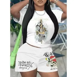 Women's Printed Short Sleeve Crewneck Fitted Sports Two-Piece Set, Casual Womenswear Shorts Suits