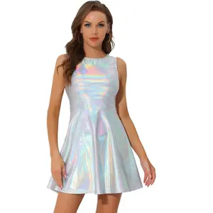 INSPIRE CHIC Women's Metallic Sleeveless High Waist Party Holographic Dress Silver Medium