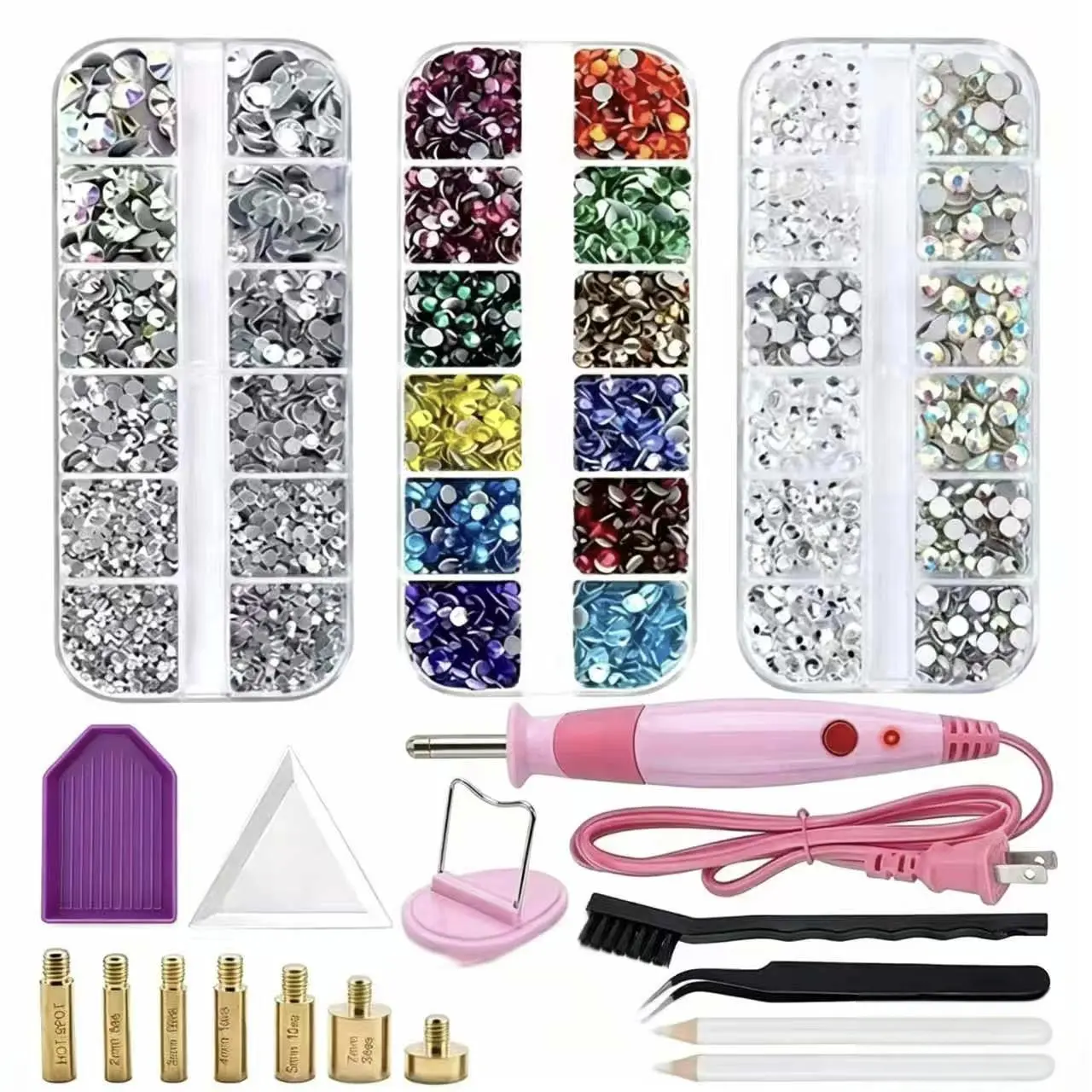 Hotfix Rhinestone Kit, DIY Hotfix Tool Set for Garments. Comes with 5000 AB & clear hotfix rhinestones packed in 3 boxes, equipped with 7 hotfix tips, perfect for clothing and fabric DIY decorations. shimmery finish