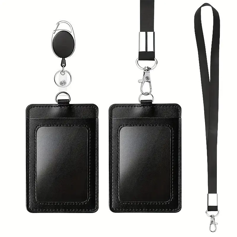 2 Pack PU Leather ID Badge Holders with Detachable Neck Lanyard, Retractable Keychain and Retractable Badge Reel, Convenient ID Card Holder Set for Daily Use