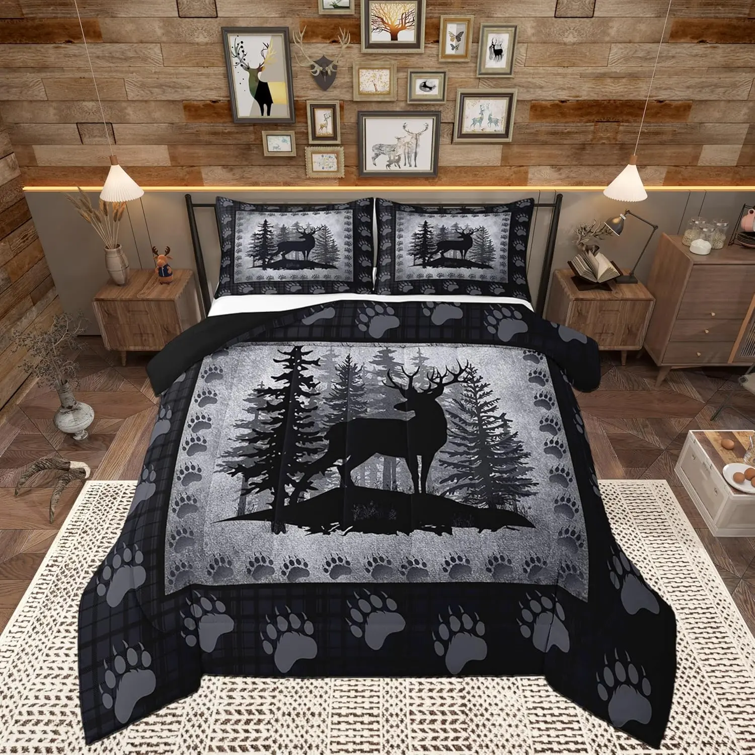 Rustic Deer Kids Comforter Set Wild Animal Bear Paw Print Bedding Set Hunting Cabin Decor Quilt Set for Adult Bedroom,Pine Trees Grid Plaid Polyetser Bed Duvet Insert